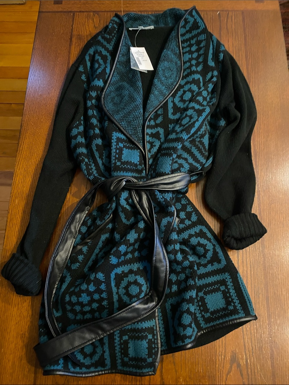 cleo Black and Teal Geometric Open-Front Belted Cardigan